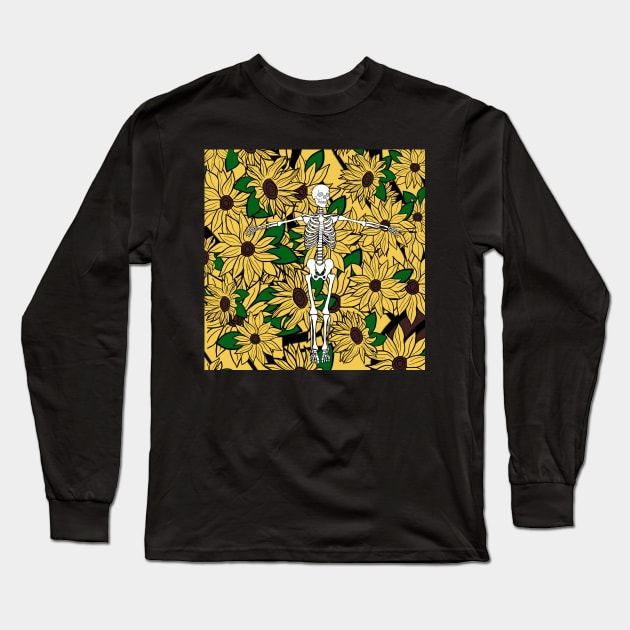 Skeleton in sunflower garden Long Sleeve T-Shirt by Mermaidssparkle